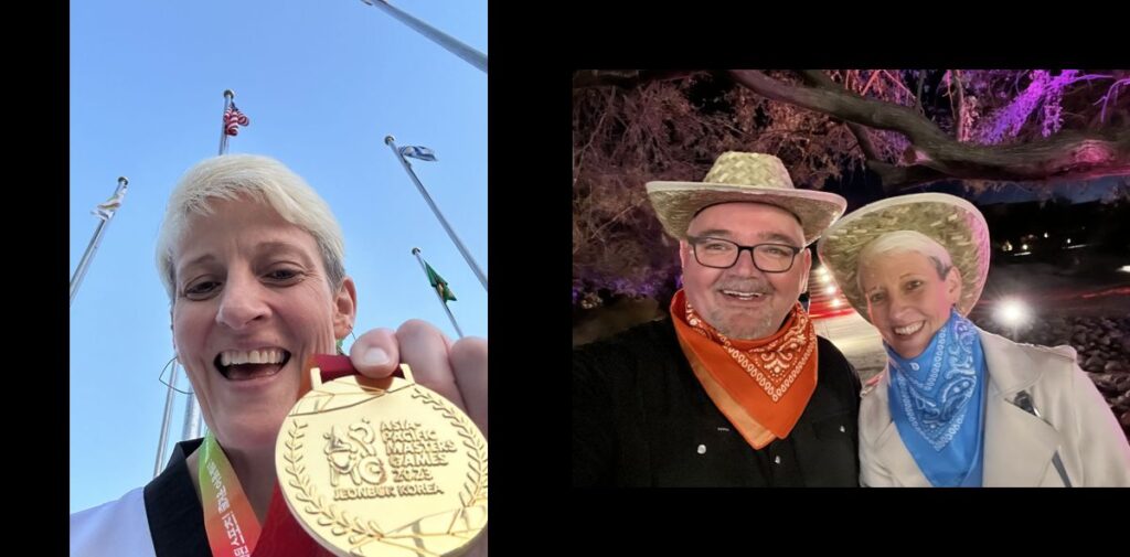 Photo collage of Jo showing her gold medal and posting with Sasa